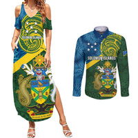 Solomon Islands Couples Matching Summer Maxi Dress and Long Sleeve Button Shirts Tropical Leaves With Melanesian Pattern LT14 Green - Polynesian Pride