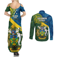 Solomon Islands Couples Matching Summer Maxi Dress and Long Sleeve Button Shirts Tropical Leaves With Melanesian Pattern LT14 - Polynesian Pride