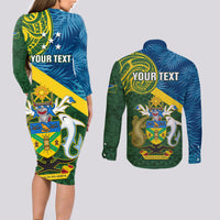 Personalised Solomon Islands Couples Matching Long Sleeve Bodycon Dress and Long Sleeve Button Shirts Tropical Leaves With Melanesian Pattern LT14 - Polynesian Pride