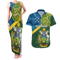 Personalised Solomon Islands Couples Matching Tank Maxi Dress and Hawaiian Shirt Tropical Leaves With Melanesian Pattern LT14 Green - Polynesian Pride