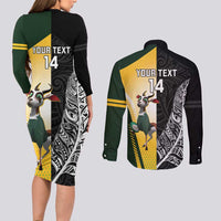 New Zealand and South Africa Rugby Custom Couples Matching Long Sleeve Bodycon Dress and Long Sleeve Button Shirt Maori Silver Fern Springbok Together - Polynesian Pride