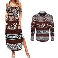Bula Fiji Couples Matching Summer Maxi Dress and Long Sleeve Button Shirt Fijian Tapa Masi With Hibiscus Flowers LT14 Brown - Polynesian Pride