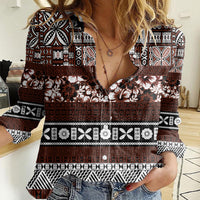 Bula Fiji Women Casual Shirt Fijian Tapa Masi With Hibiscus Flowers LT14 Female Brown - Polynesian Pride