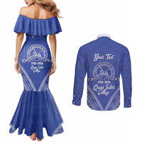 Queen Salote College 100 Years Personalized Couples Matching Mermaid Dress and Long Sleeve Button Shirt Tonga QSC Heilala Lei Blue Ngatu Pattern