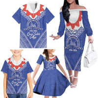 Queen Salote College 100 Years Personalized Family Matching Off The Shoulder Long Sleeve Dress and Hawaiian Shirt Tonga QSC Heilala Lei Blue Ngatu Pattern