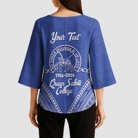 Queen Salote College 100 Years Personalized Kimono Sleeve Blouse Tonga QSC Heilala Lei Blue Ngatu Pattern