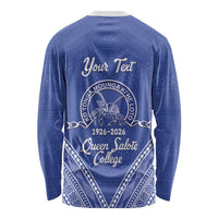 Queen Salote College 100 Years Personalized Long Sleeve Shirt Tonga QSC Heilala Lei Blue Ngatu Pattern