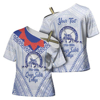 Queen Salote College 100 Years Personalized Cross Shoulder Shirt Tonga QSC Heilala Lei White Ngatu Pattern