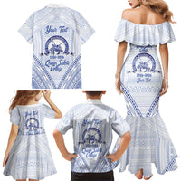 Queen Salote College 100 Years Personalized Family Matching Mermaid Dress and Hawaiian Shirt Tonga QSC Heilala Lei White Ngatu Pattern