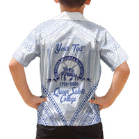 Queen Salote College 100 Years Personalized Family Matching Off Shoulder Maxi Dress and Hawaiian Shirt Tonga QSC Heilala Lei White Ngatu Pattern