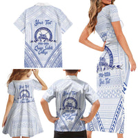 Queen Salote College 100 Years Personalized Family Matching Short Sleeve Bodycon Dress and Hawaiian Shirt Tonga QSC Heilala Lei White Ngatu Pattern