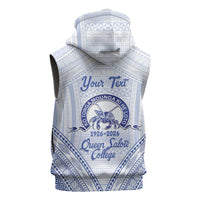 Queen Salote College 100 Years Personalized Sleeveless Zip Hoodie Tonga QSC Heilala Lei White Ngatu Pattern