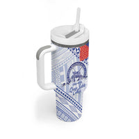 Queen Salote College 100 Years Personalized Tumbler With Handle Tonga QSC Heilala Lei White Ngatu Pattern LT14 - Polynesian Pride