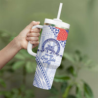 Queen Salote College 100 Years Personalized Tumbler With Handle Tonga QSC Heilala Lei White Ngatu Pattern LT14 - Polynesian Pride