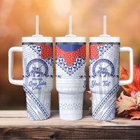 Queen Salote College 100 Years Personalized Tumbler With Handle Tonga QSC Heilala Lei White Ngatu Pattern LT14 - Polynesian Pride