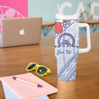 Queen Salote College 100 Years Personalized Tumbler With Handle Tonga QSC Heilala Lei White Ngatu Pattern LT14 - Polynesian Pride