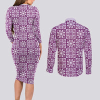 Poni Palaka Quilt Hawaii Couples Matching Long Sleeve Bodycon Dress and Long Sleeve Button Shirt Hawaiian Tropical Monstera Sea Turtle