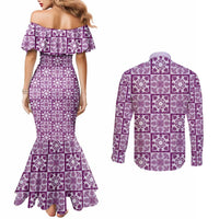 Poni Palaka Quilt Hawaii Couples Matching Mermaid Dress and Long Sleeve Button Shirt Hawaiian Tropical Monstera Sea Turtle