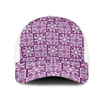 Poni Palaka Quilt Hawaii Mesh Trucker Cap Hawaiian Tropical Monstera Sea Turtle LT14 One Size White Purple - Polynesian Pride