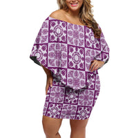 Poni Palaka Quilt Hawaii Off Shoulder Short Dress Hawaiian Tropical Monstera Sea Turtle LT14 Women Purple - Polynesian Pride