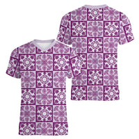 Poni Palaka Quilt Hawaii Women V-Neck T-Shirt Hawaiian Tropical Monstera Sea Turtle
