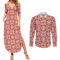 Ulaula Palaka Quilt Hawaii Couples Matching Summer Maxi Dress and Long Sleeve Button Shirt Hawaiian Tropical Monstera Sea Turtle