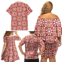 Ulaula Palaka Quilt Hawaii Family Matching Off Shoulder Short Dress and Hawaiian Shirt Hawaiian Tropical Monstera Sea Turtle