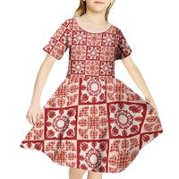 Ulaula Palaka Quilt Hawaii Kid Short Sleeve Dress Hawaiian Tropical Monstera Sea Turtle LT14 - Polynesian Pride