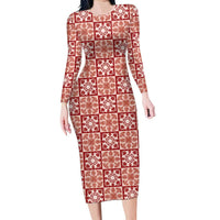 Ulaula Palaka Quilt Hawaii Long Sleeve Bodycon Dress Hawaiian Tropical Monstera Sea Turtle