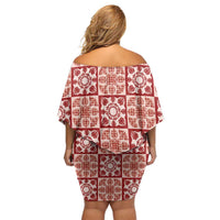 Ulaula Palaka Quilt Hawaii Off Shoulder Short Dress Hawaiian Tropical Monstera Sea Turtle LT14 - Polynesian Pride