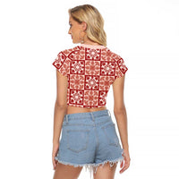 Ulaula Palaka Quilt Hawaii Raglan Cropped T Shirt Hawaiian Tropical Monstera Sea Turtle LT14 - Polynesian Pride