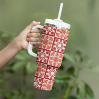 Ulaula Palaka Quilt Hawaii Tumbler With Handle Hawaiian Tropical Monstera Sea Turtle