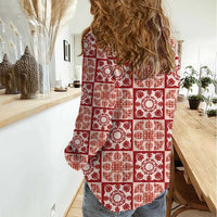 Ulaula Palaka Quilt Hawaii Women Casual Shirt Hawaiian Tropical Monstera Sea Turtle
