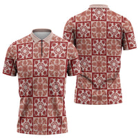Ulaula Palaka Quilt Hawaii Zipper Polo Shirt Hawaiian Tropical Monstera Sea Turtle