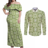 Omaomao Palaka Quilt Hawaii Couples Matching Off Shoulder Maxi Dress and Long Sleeve Button Shirt Hawaiian Tropical Monstera Sea Turtle