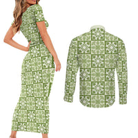 Omaomao Palaka Quilt Hawaii Couples Matching Short Sleeve Bodycon Dress and Long Sleeve Button Shirt Hawaiian Tropical Monstera Sea Turtle