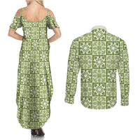 Omaomao Palaka Quilt Hawaii Couples Matching Summer Maxi Dress and Long Sleeve Button Shirt Hawaiian Tropical Monstera Sea Turtle
