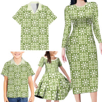 Omaomao Palaka Quilt Hawaii Family Matching Long Sleeve Bodycon Dress and Hawaiian Shirt Hawaiian Tropical Monstera Sea Turtle