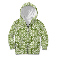 Omaomao Palaka Quilt Hawaii Kid Hoodie Hawaiian Tropical Monstera Sea Turtle LT14 Zip Hoodie Green - Polynesian Pride