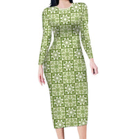 Omaomao Palaka Quilt Hawaii Long Sleeve Bodycon Dress Hawaiian Tropical Monstera Sea Turtle