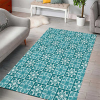Cyan Palaka Quilt Hawaii Area Rug Hawaiian Tropical Monstera Sea Turtle
