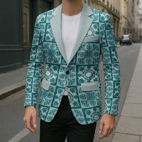 Cyan Palaka Quilt Hawaii Blazer Hawaiian Tropical Monstera Sea Turtle LT14 - Polynesian Pride