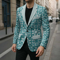 Cyan Palaka Quilt Hawaii Blazer Hawaiian Tropical Monstera Sea Turtle LT14 - Polynesian Pride