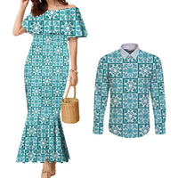 Cyan Palaka Quilt Hawaii Couples Matching Mermaid Dress and Long Sleeve Button Shirt Hawaiian Tropical Monstera Sea Turtle