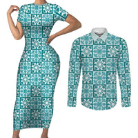 Cyan Palaka Quilt Hawaii Couples Matching Short Sleeve Bodycon Dress and Long Sleeve Button Shirt Hawaiian Tropical Monstera Sea Turtle