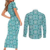 Cyan Palaka Quilt Hawaii Couples Matching Short Sleeve Bodycon Dress and Long Sleeve Button Shirt Hawaiian Tropical Monstera Sea Turtle