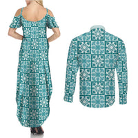 Cyan Palaka Quilt Hawaii Couples Matching Summer Maxi Dress and Long Sleeve Button Shirt Hawaiian Tropical Monstera Sea Turtle
