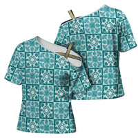 Cyan Palaka Quilt Hawaii Cross Shoulder Shirt Hawaiian Tropical Monstera Sea Turtle