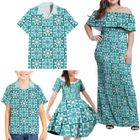 Cyan Palaka Quilt Hawaii Family Matching Off Shoulder Maxi Dress and Hawaiian Shirt Hawaiian Tropical Monstera Sea Turtle