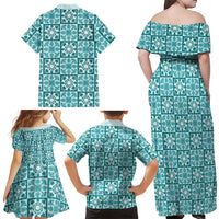 Cyan Palaka Quilt Hawaii Family Matching Off Shoulder Maxi Dress and Hawaiian Shirt Hawaiian Tropical Monstera Sea Turtle